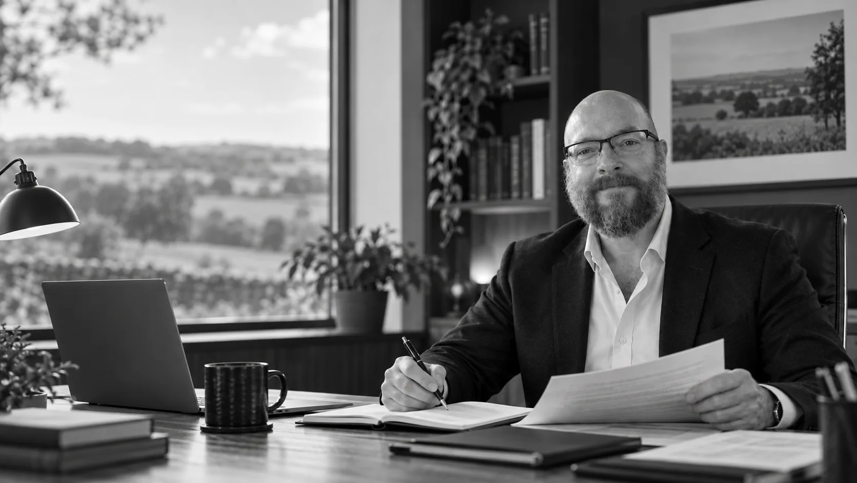 Clive Martyn seated at a desk with countryside visible through the office window